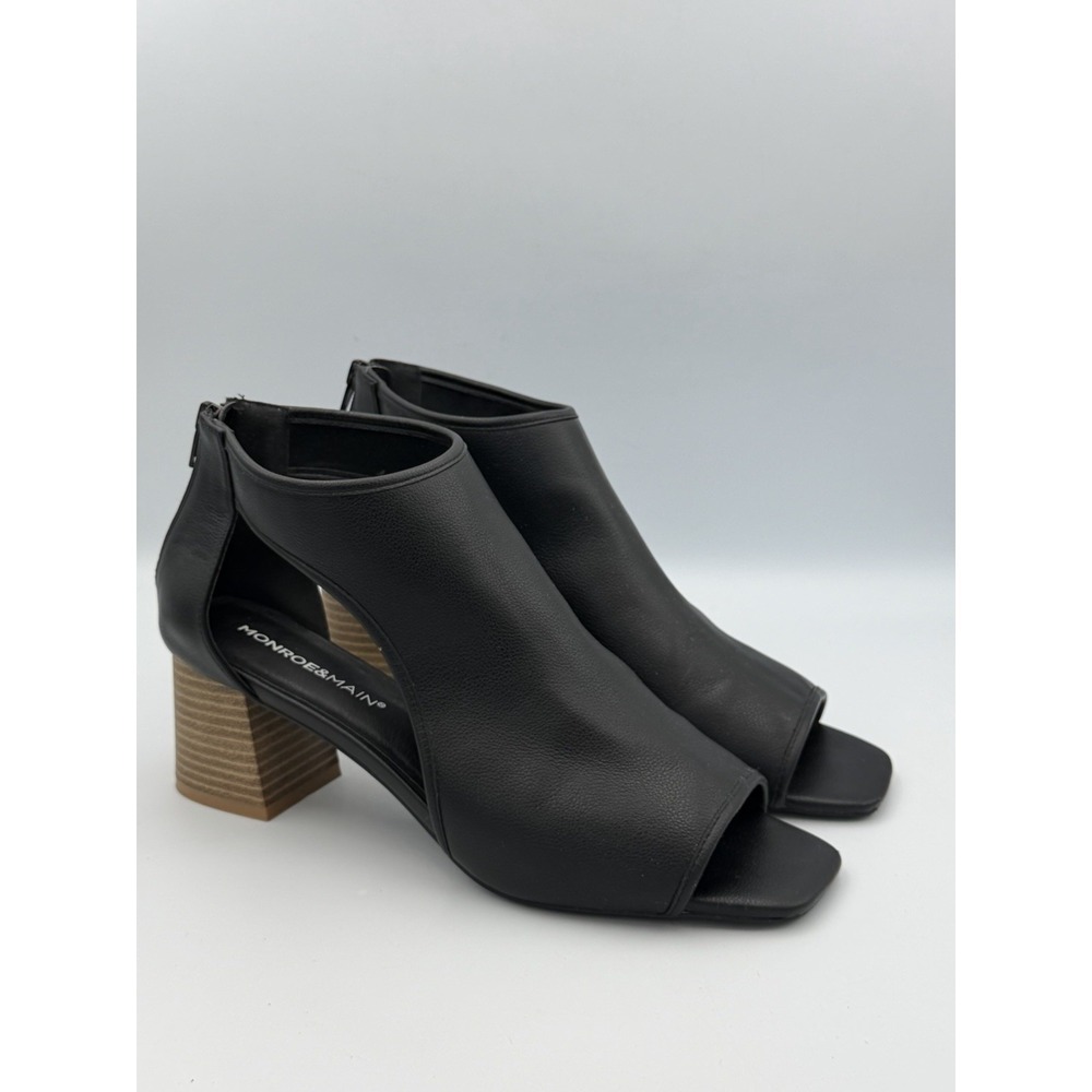 Monroe & Main Black Peep Toe Booties Heels 11M Cutout Block Heel Minimalist